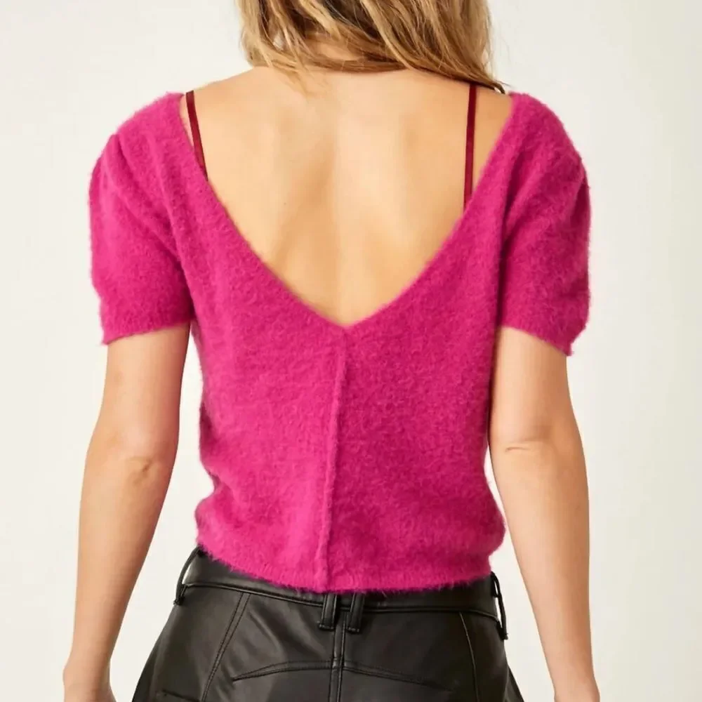 NWT Free People Keep Me Warm Crop Top Fuschia V Scoop Neck Short Sleeves M L